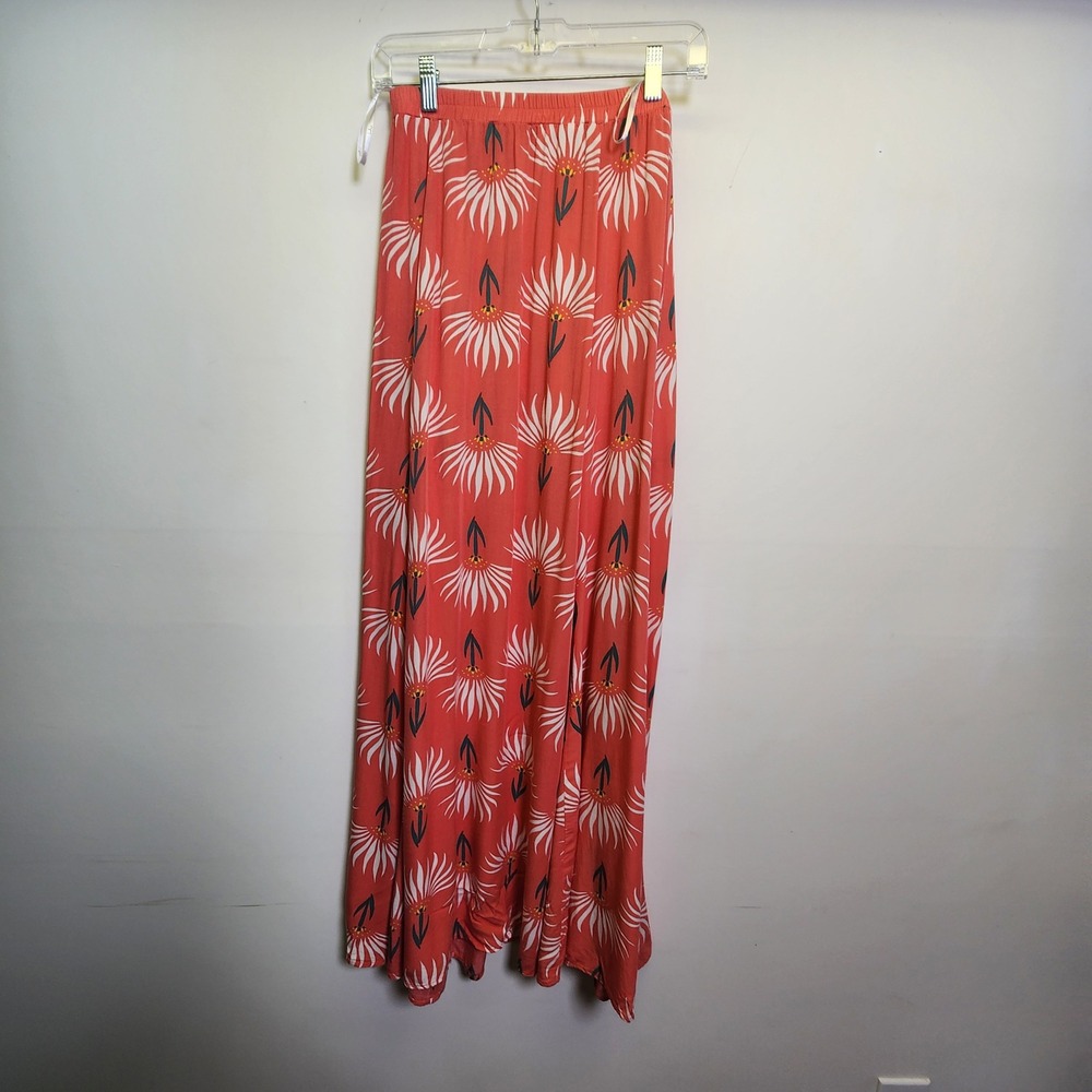 Lulus Trancoso Coral Floral Print Maxi Skirt M Side Zip High Slits Elastic Waist - Picture 2 of 11